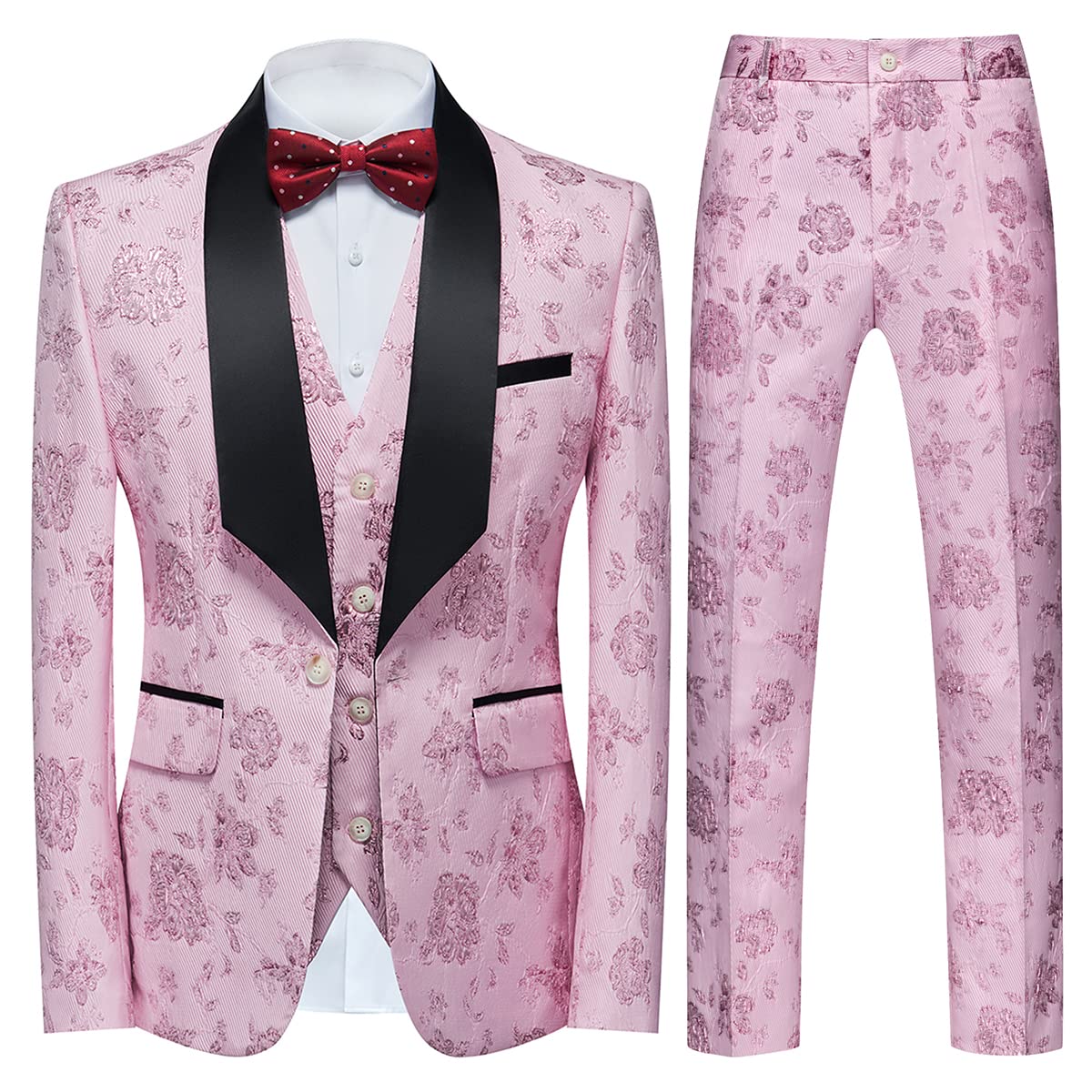 Tuxedo Suits for Men 3 Piece Regular Fit Suit Floral Pattern Blazer Jacket Waistcoat Pants Men Suit Set for Wedding Baby Pink